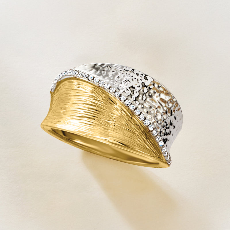 Striped ring in sterling silver and gold over sterling with diamond accent border