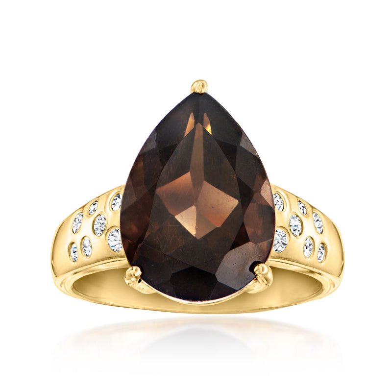 18kt gold over sterling ring with smoky quartz teardrop and white zircon side accents