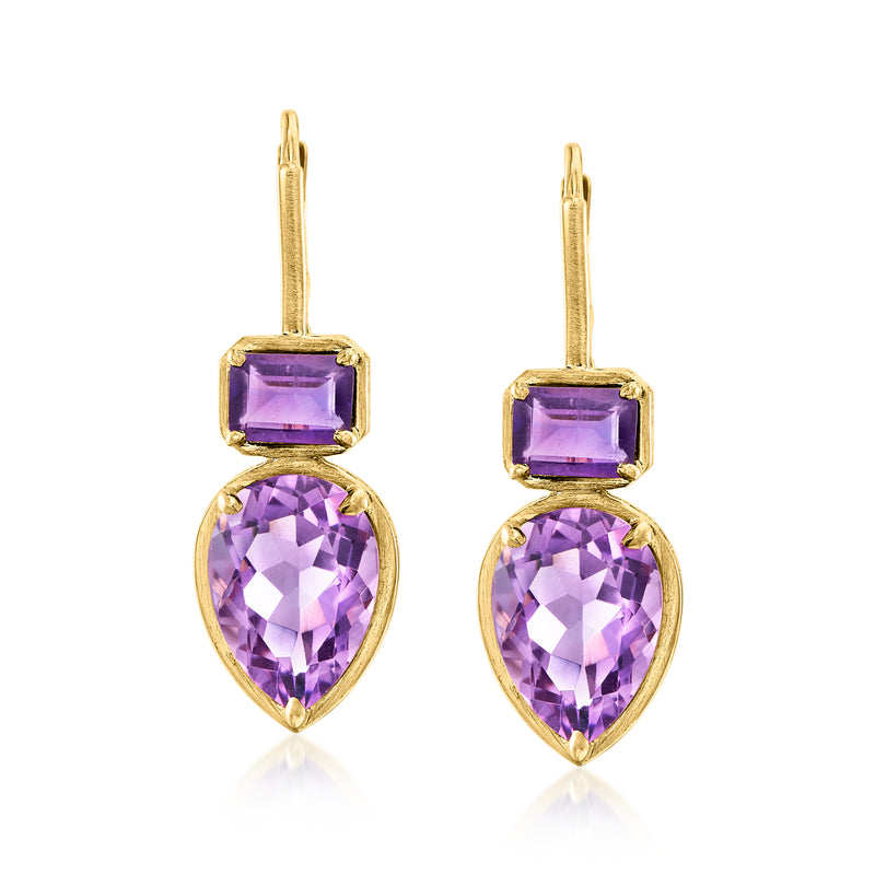 Gold over sterling leverback drop earrings with square and teardrop amethyst stones