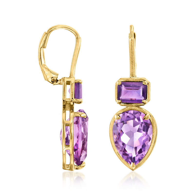 Gold over sterling leverback earrings showing square and teardrop amethyst stones