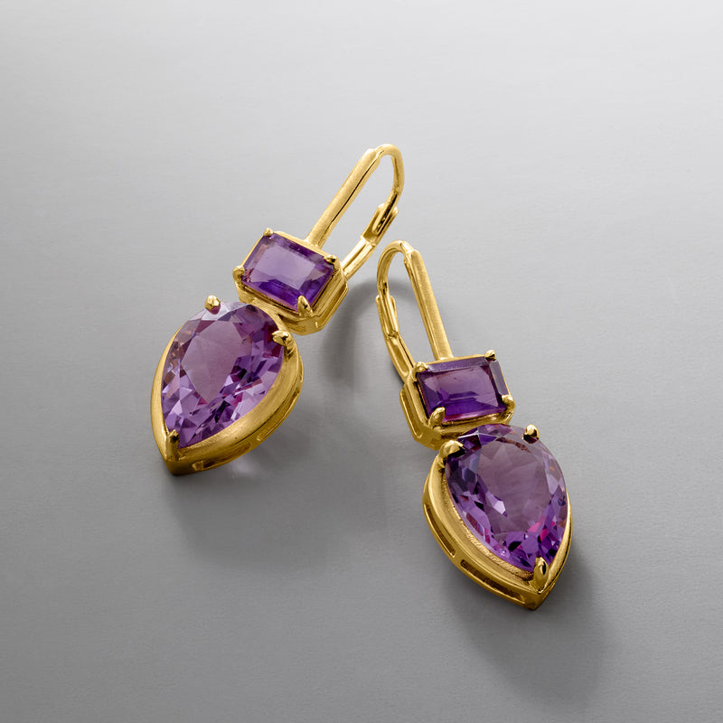 Gold over sterling amethyst drop earrings with square top and teardrop stones, angled