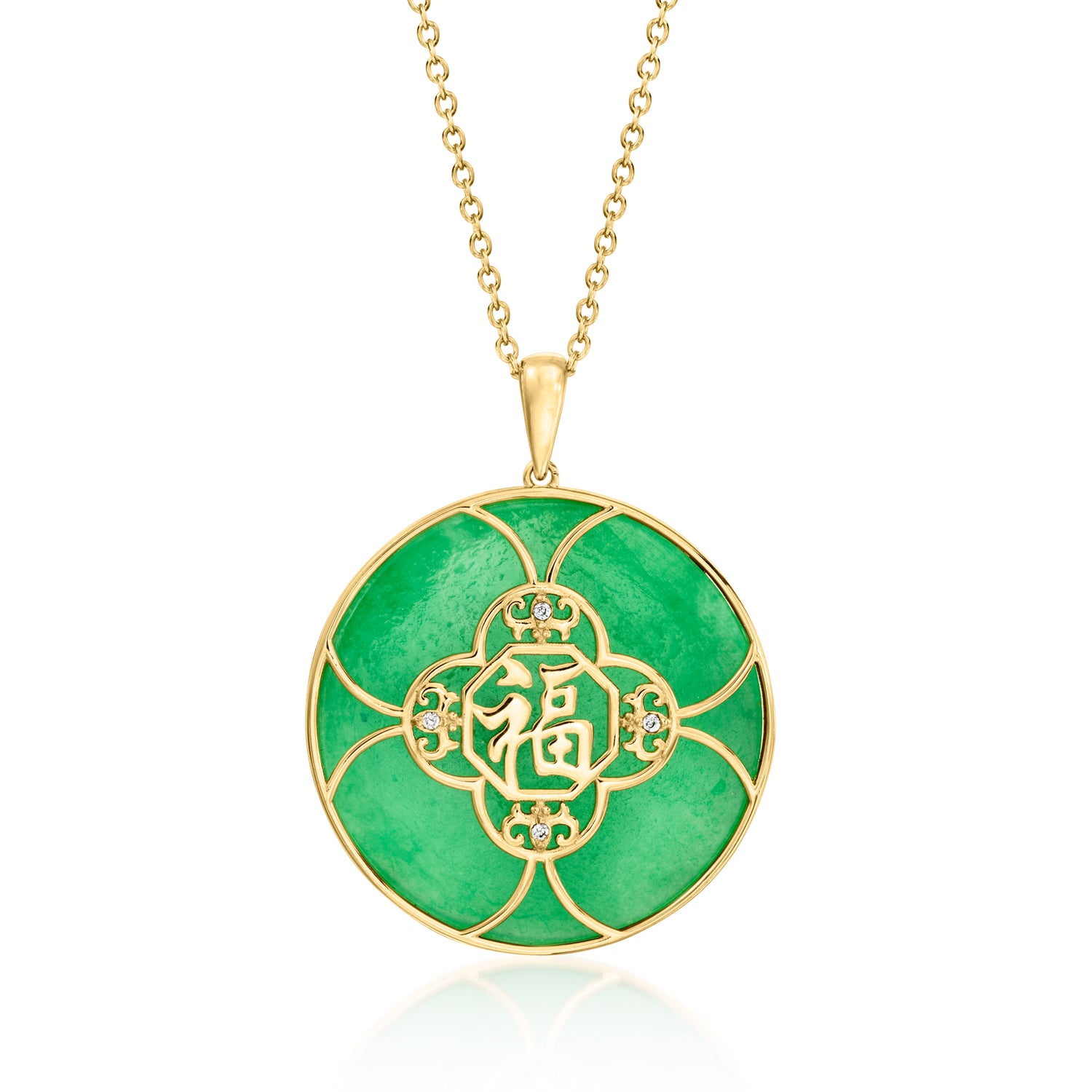 Jade "Good Fortune" Pendant Necklace with White Zircon in 18kt Gold Over Sterling