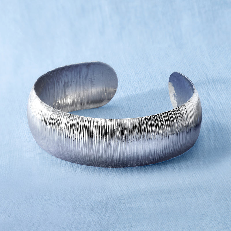 Textured sterling silver cuff bracelet, wide oval profile, ribbed surface