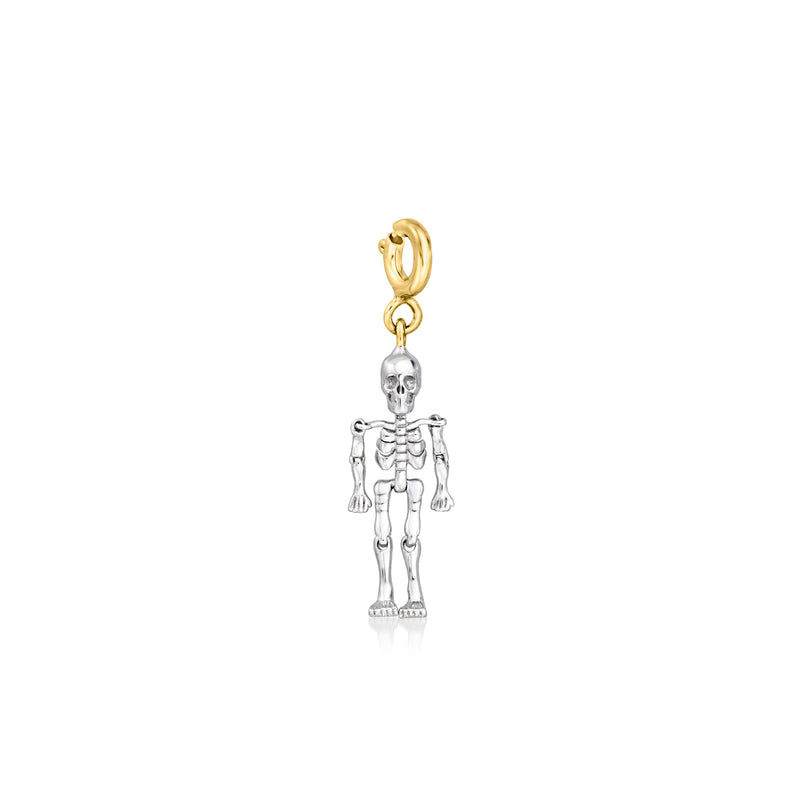 Sterling silver skeleton charm with 18kt gold over bail and dangling skeleton figure