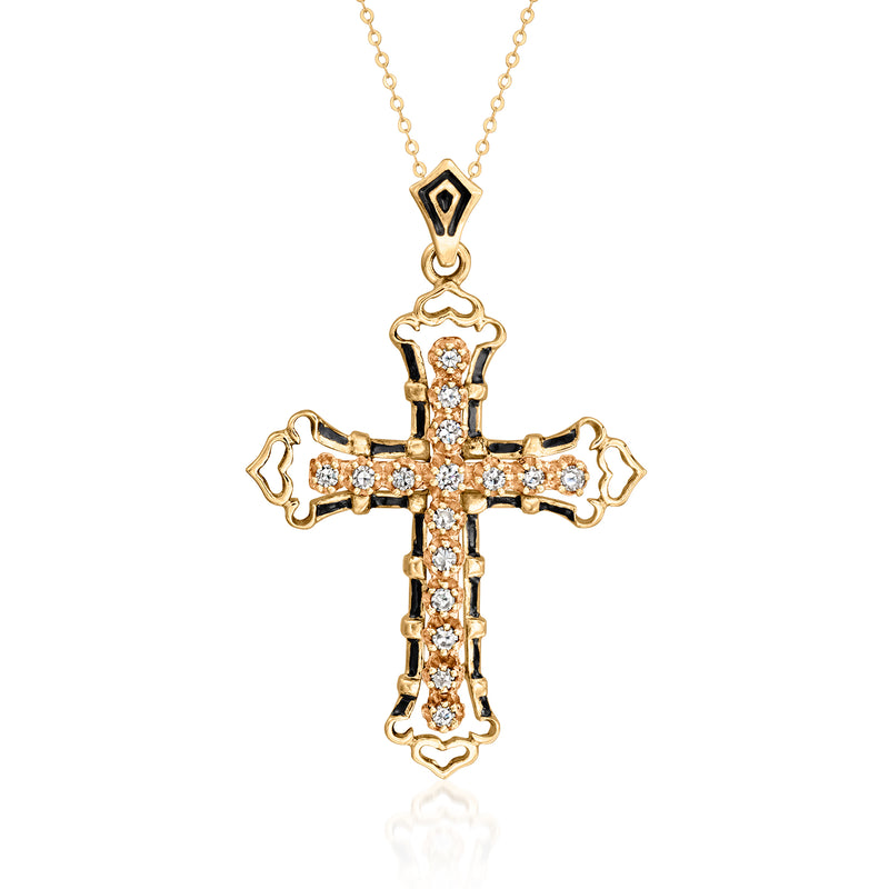 10kt yellow gold cross pendant necklace with diamond-like stones and black enamel