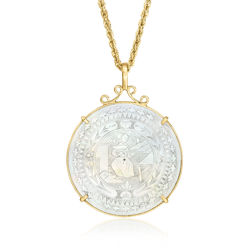 Vintage 14kt yellow gold pendant necklace with round carved mother-of-pearl medallion