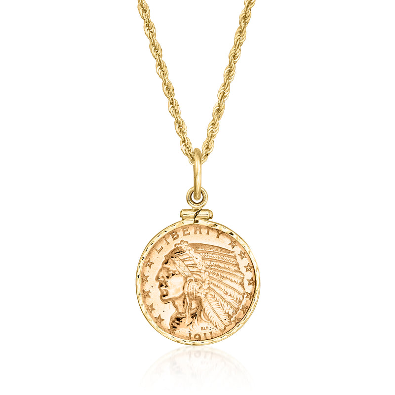 Vintage yellow gold coin pendant necklace with rope chain, round five-dollar coin