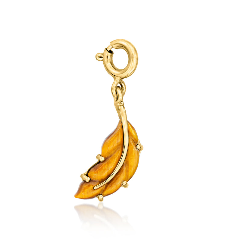 Tiger eye leaf charm in gold over sterling, single drop leaf with small loop top