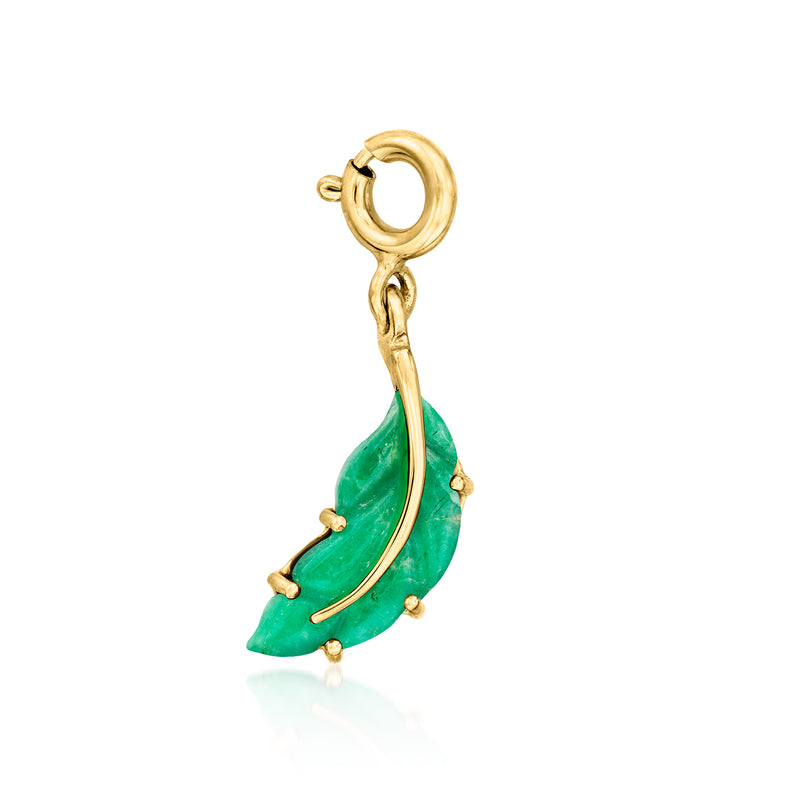 Gold leaf charm with green emerald-style stones and small gold loop for attachment