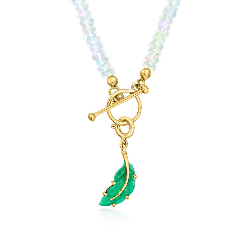Gold leaf charm pendant with green stones on a beaded chain