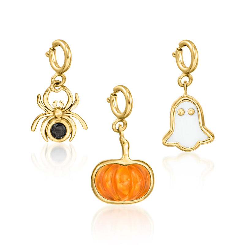 Gold-tone charm set with black spider, orange pumpkin, and white ghost charms