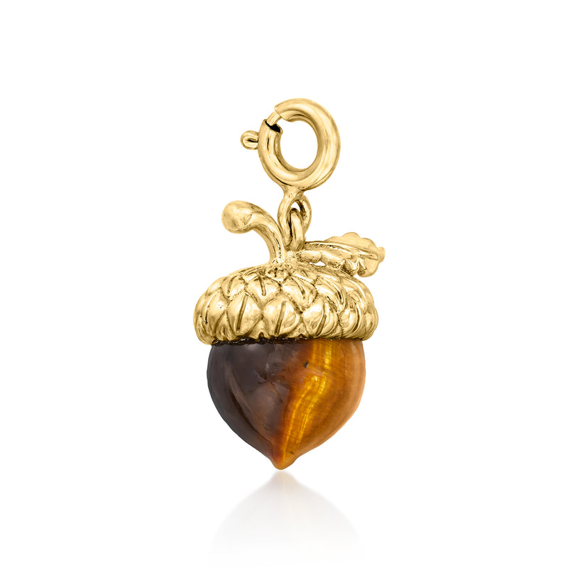 18kt gold over sterling acorn charm with tiger eye bead and leaf cap detail