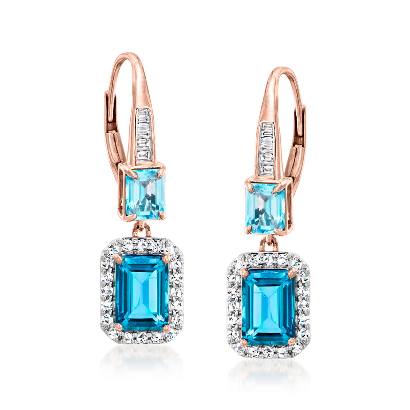 Rose gold leverback drop earrings with blue topaz center and diamond halo, square shapes