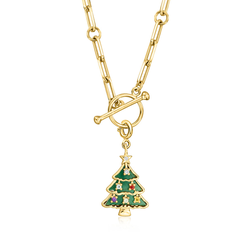 Gold-tone Christmas tree charm on open-link chain, green and purple gemstone accents
