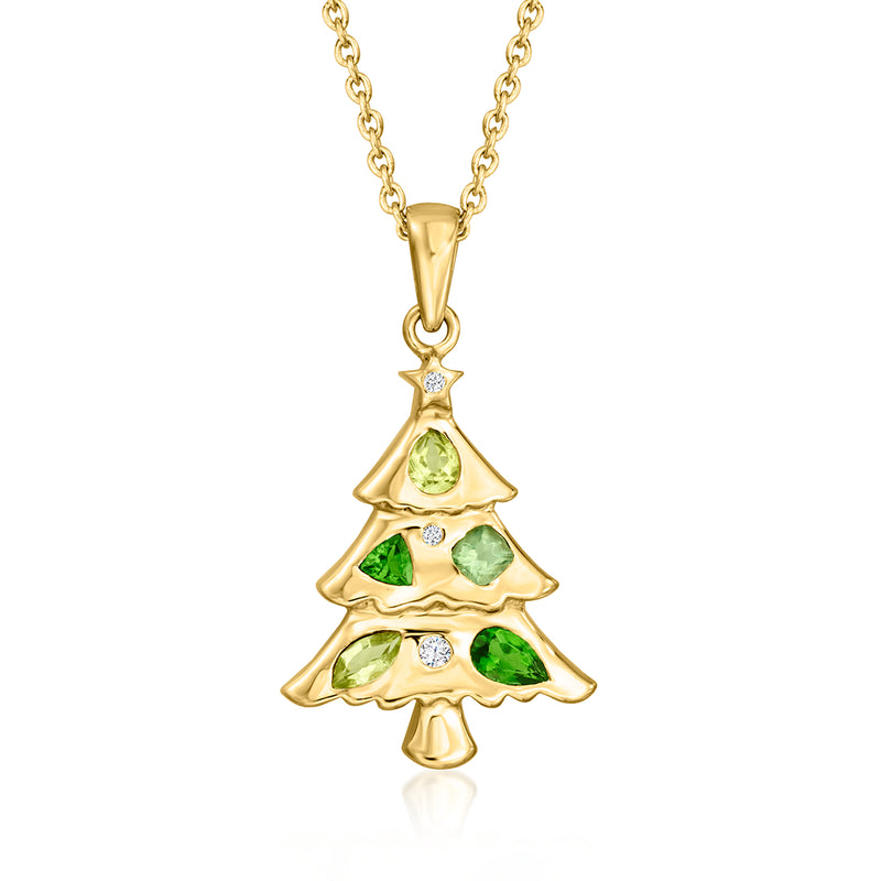 Gold-tone gemstone Christmas tree pendant necklace with green and clear stones