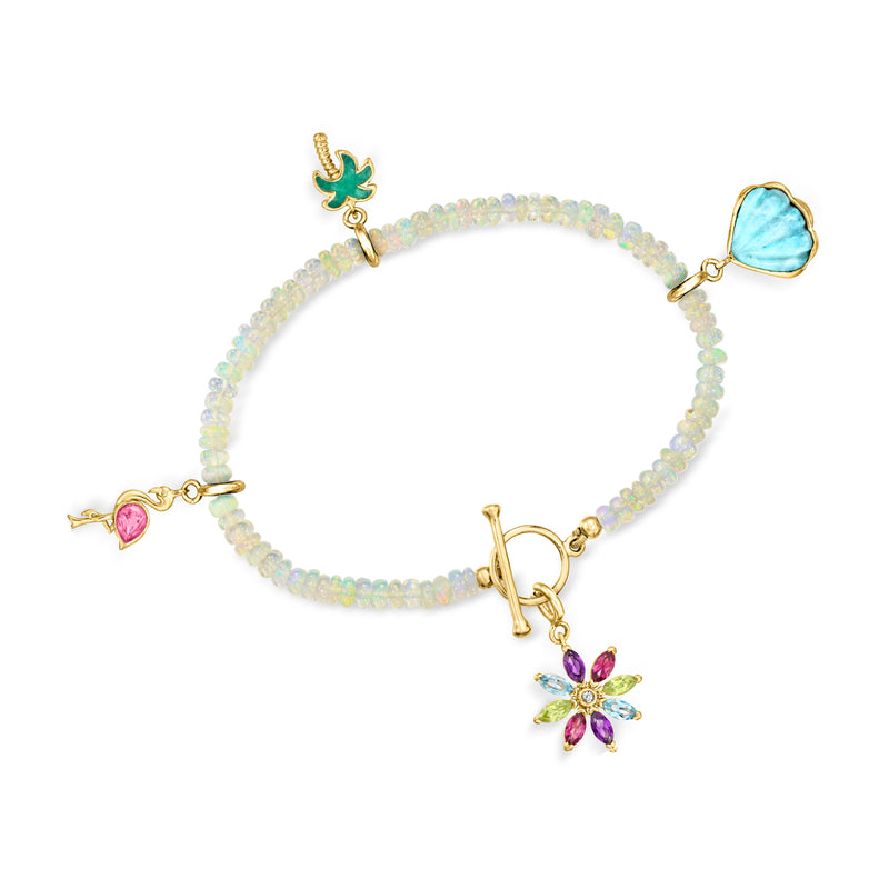 Opal bead charm toggle bracelet with blue heart and purple flower charms