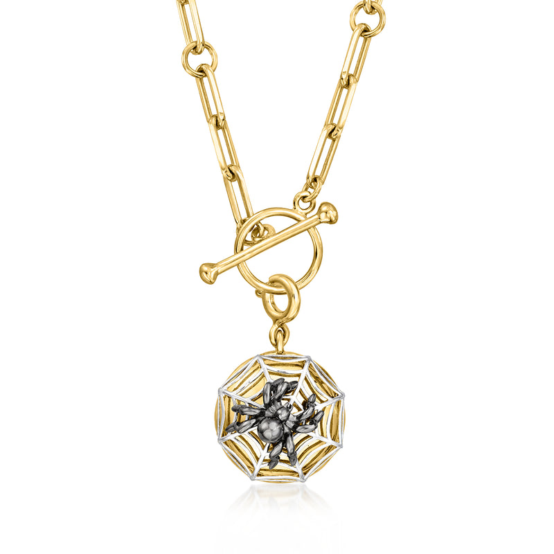 Round spider web charm pendant with silver web and gold-tone bail