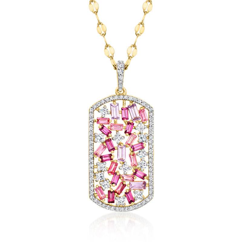 Dog tag pendant necklace with pink and clear baguette gemstones, gold-tone chain