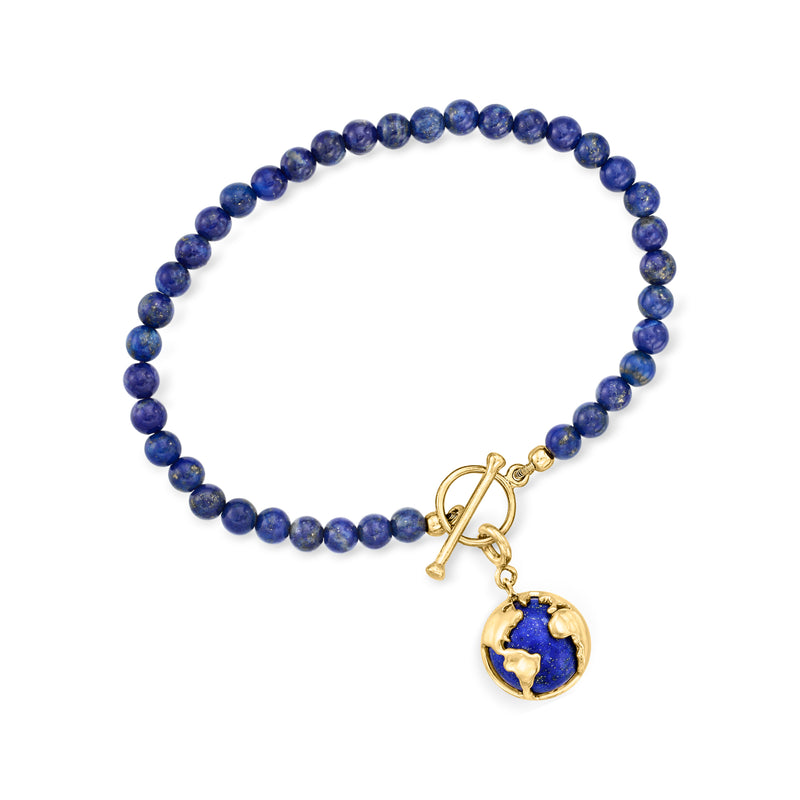 Lapis blue bead toggle bracelet with gold globe charm and 18kt gold over sterling clasp