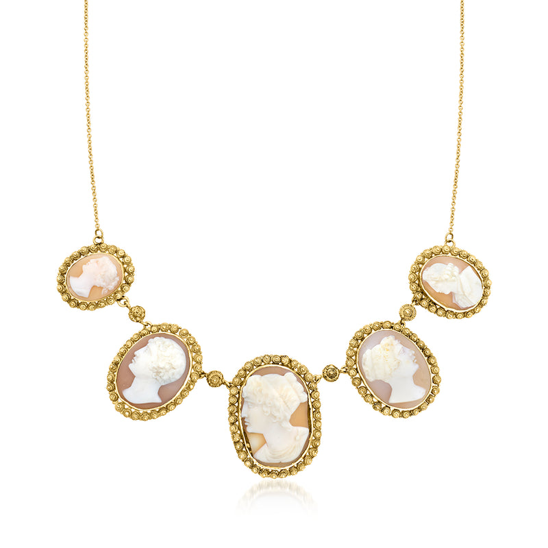 Brown shell cameo necklace with five oval cameos on 20kt yellow-gold chain