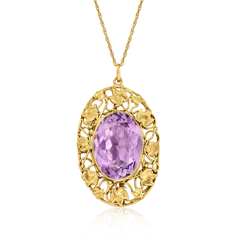 Vintage amethyst leaf pendant necklace in 14kt yellow gold, oval purple stone centerpiece