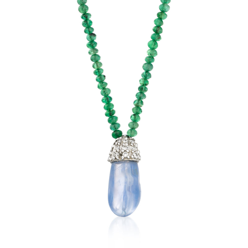 Vintage gemstone bead necklace with green beads and a blue teardrop pendant with diamond cap