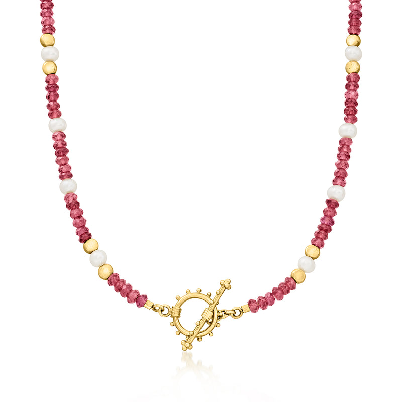 Gold toggle bead necklace with pink faceted beads and white pearl beads