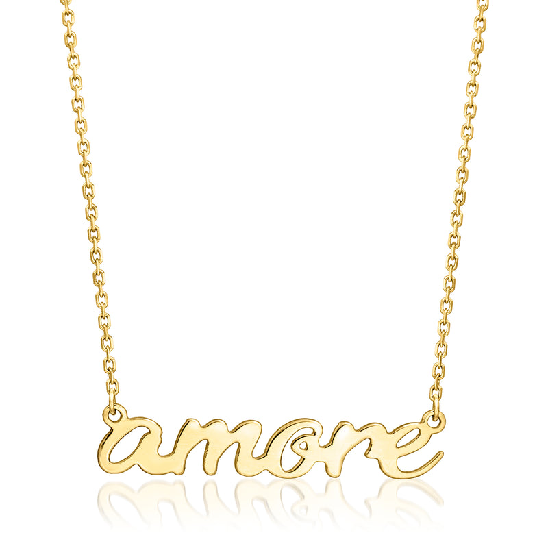 14kt yellow gold necklace with “amore” cursive pendant and link chain