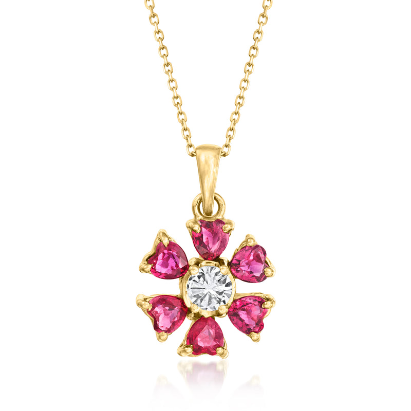 14kt yellow gold flower pendant necklace with pink ruby petals and diamond center