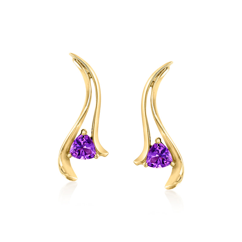 Yellow gold drop earrings with curved setting and purple amethyst teardrop accents