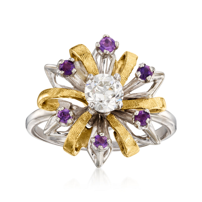 Two-tone gold floral ring with round diamond center and purple amethyst accents