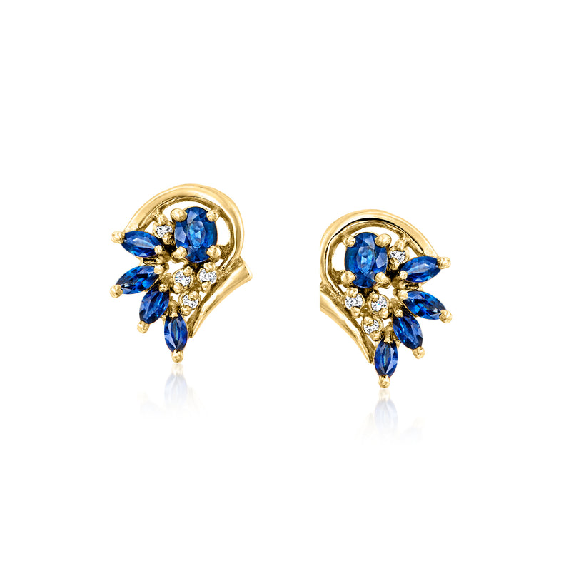 14kt yellow gold sapphire and diamond cluster post earrings with blue oval stones