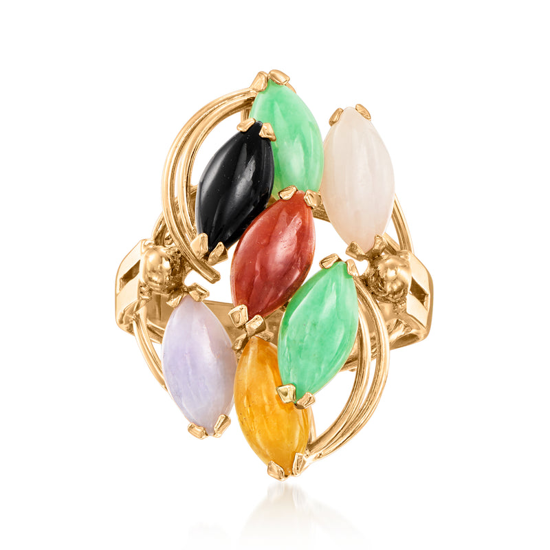 Vintage 14kt yellow gold jade ring with oval multicolored stones: green, black, pink, white