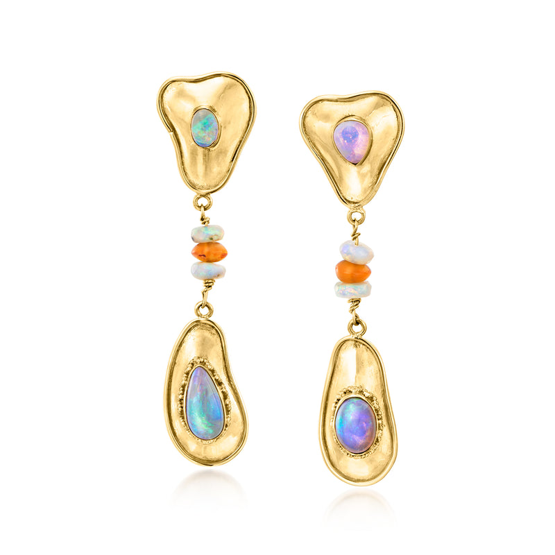Vintage multicolored opal drop earrings, 22kt yellow gold with teardrop tops and dangling stones