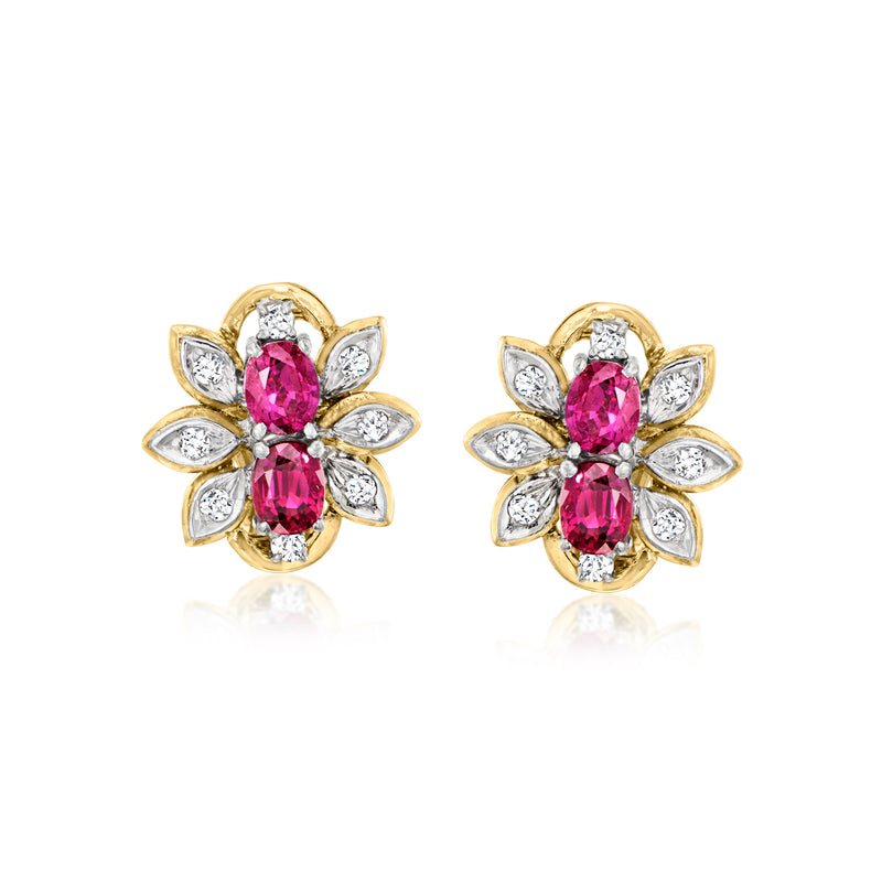 18kt yellow gold vintage stud earrings with two oval pink rubies and diamond flower petals