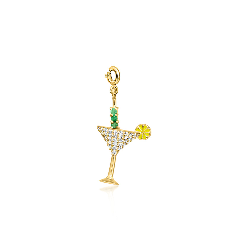 Martini charm pendant in gold over sterling with white stones, green accents, lemon slice