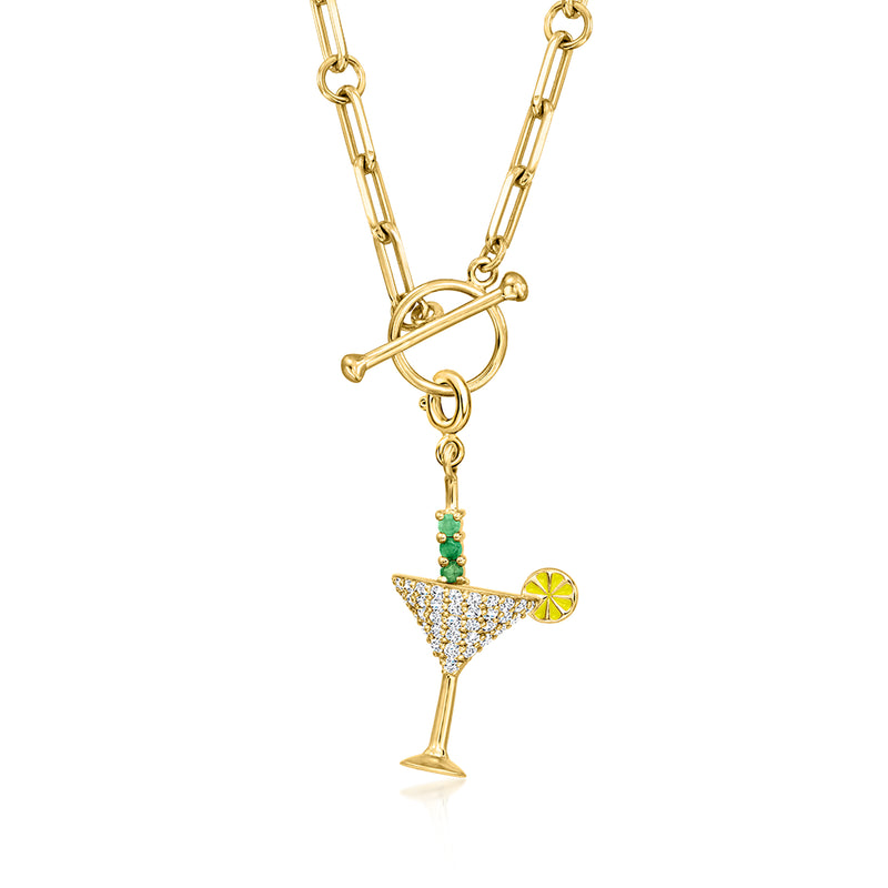 Martini charm necklace with white topaz, emeralds, and gold-over-sterling chain