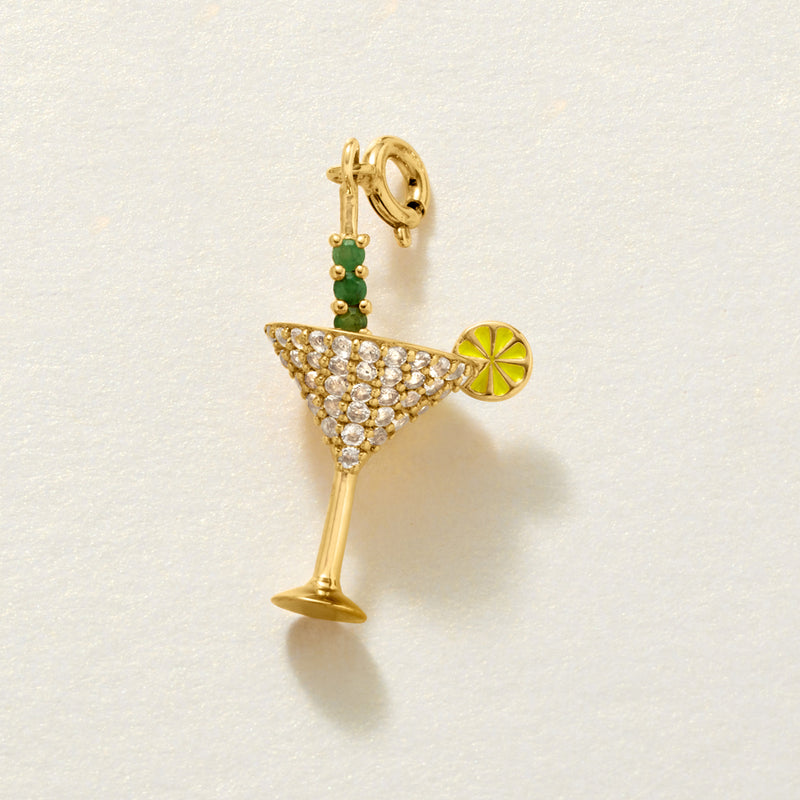 Gold martini charm pendant with dangling loop, white-stone glass, green beads, lemon slice