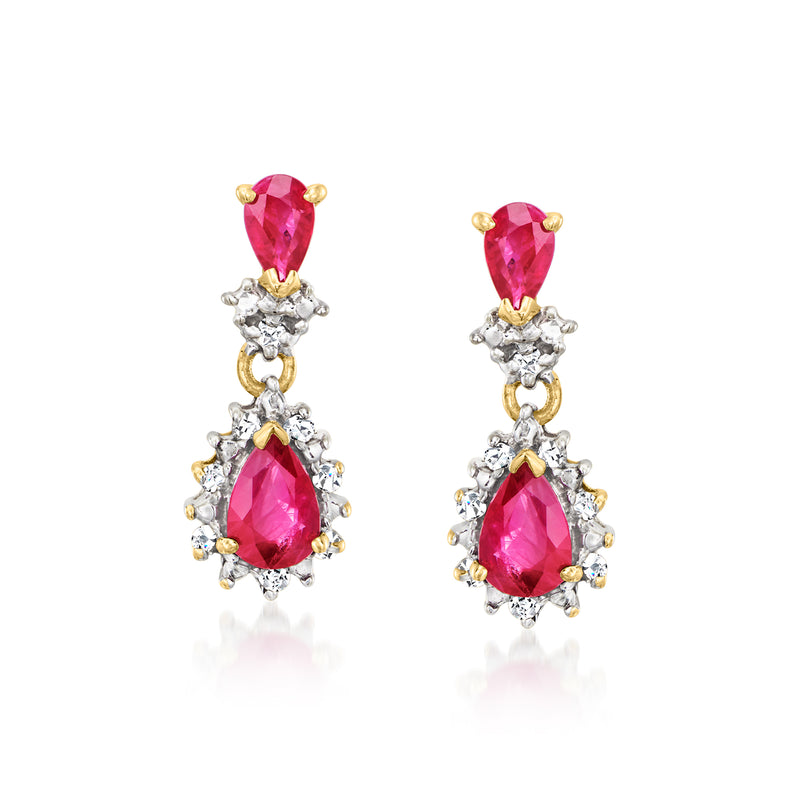 14k yellow gold ruby and diamond drop earrings with pink teardrop stones