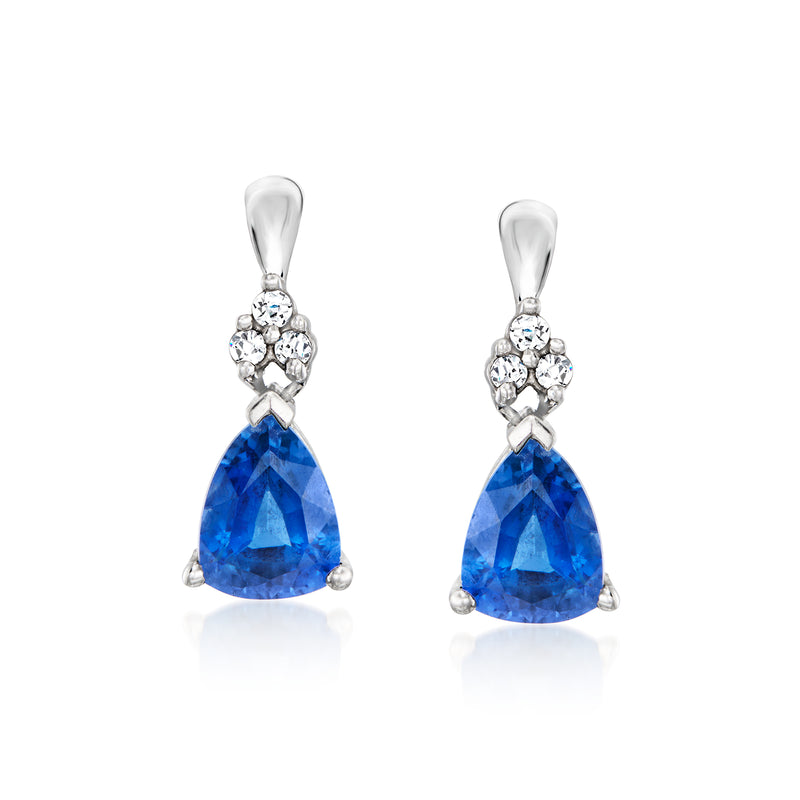 10kt white gold drop earrings with blue teardrop sapphire and diamond cluster accents