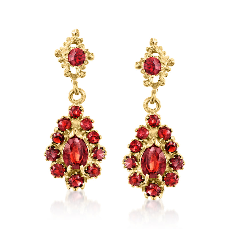 10kt yellow gold garnet drop earrings with red oval and round stone cluster dangles