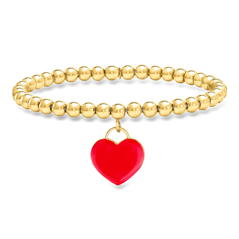 Gold bead stretch bracelet with red enamel heart charm