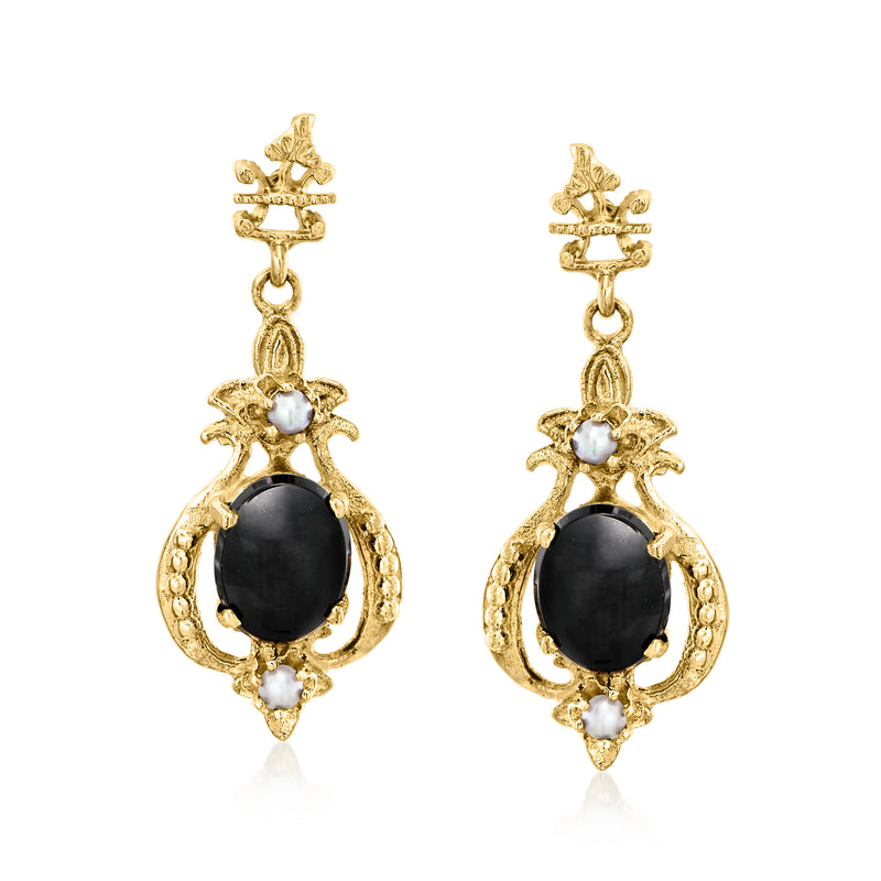 Vintage onyx and cultured pearl drop earrings in 14kt yellow gold, black oval center.