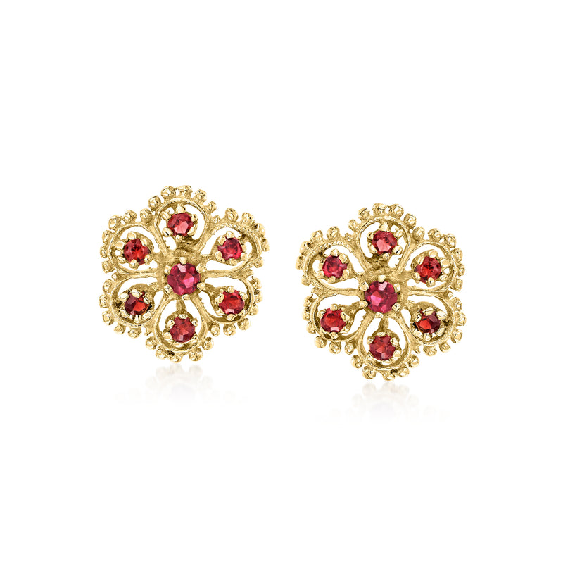 14kt yellow gold flower post earrings with rhodolite red gemstones