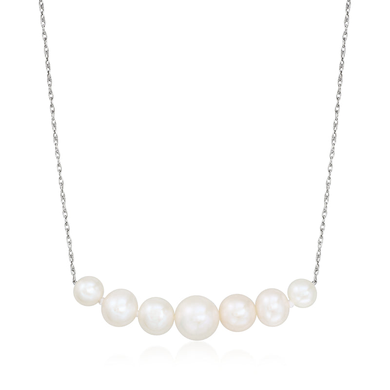 Cultured pearl bar necklace with small round white pearls and silver-toned chain