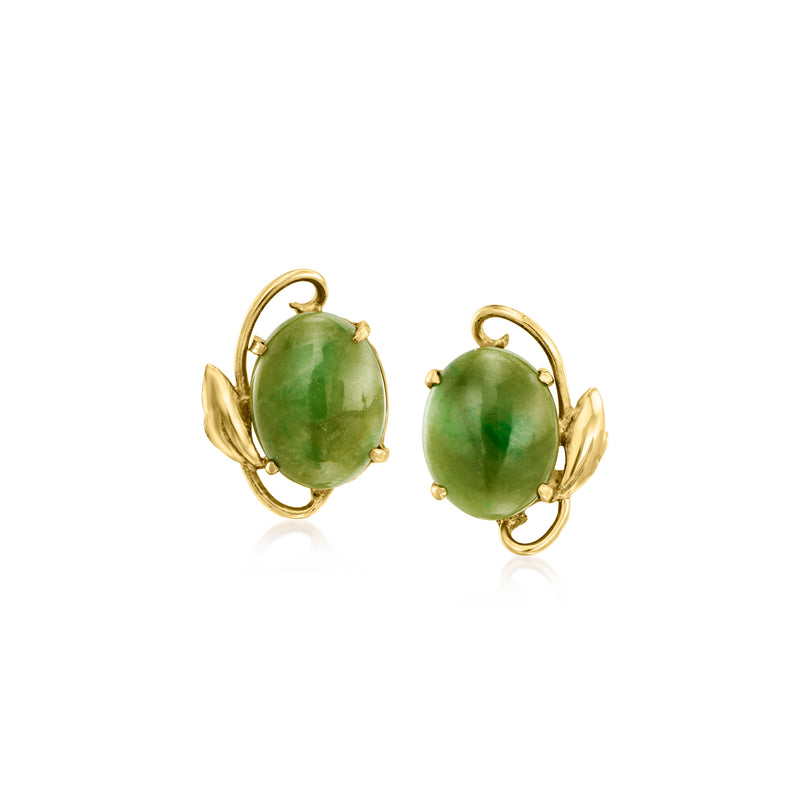 Oval green cabochon hoop post earrings, yellow gold with curving serpent-like setting