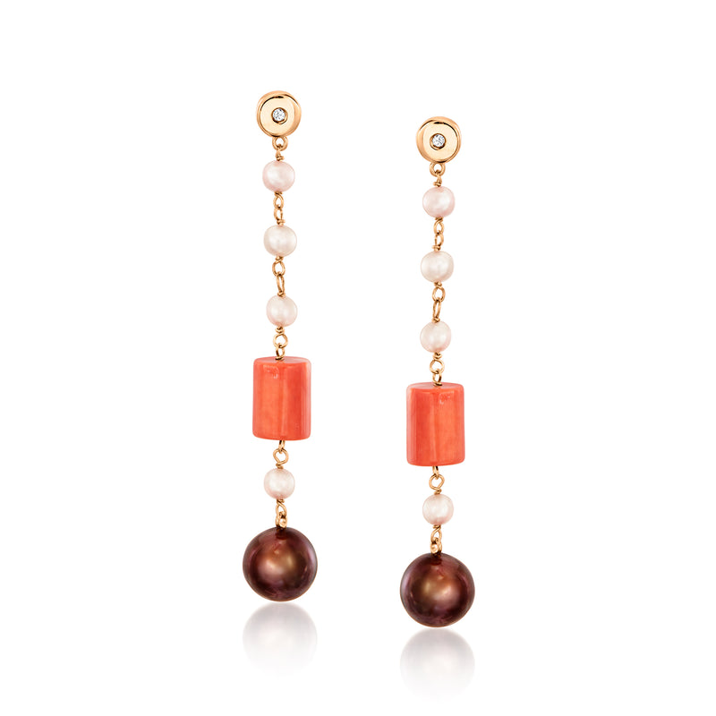 18kt yellow gold drop earrings with coral squares, pink pearls, and dark pearl dangles