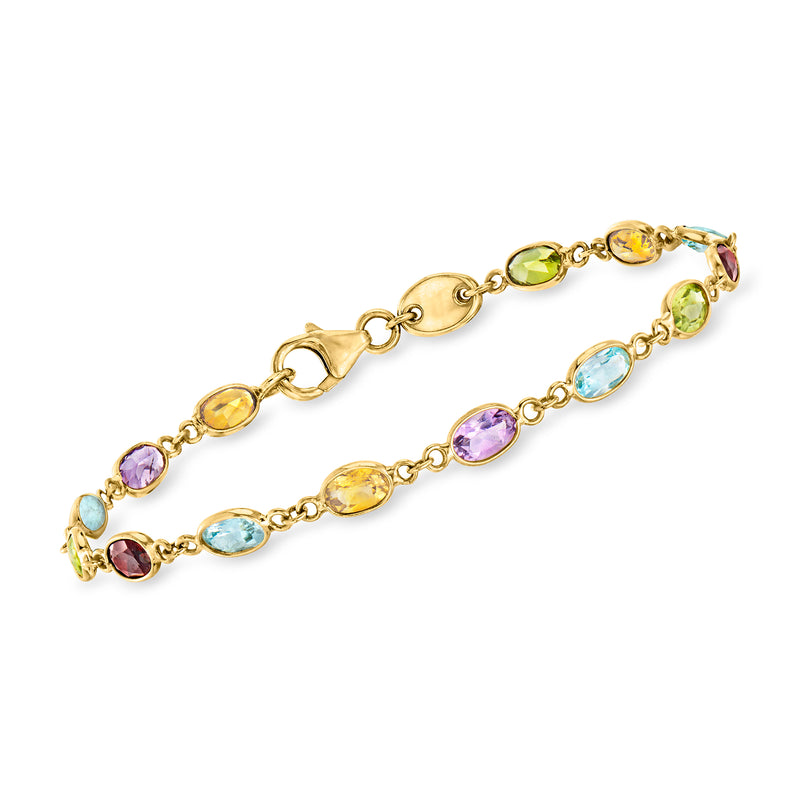 18kt yellow gold multi-gemstone bracelet with oval links and colorful gemstones