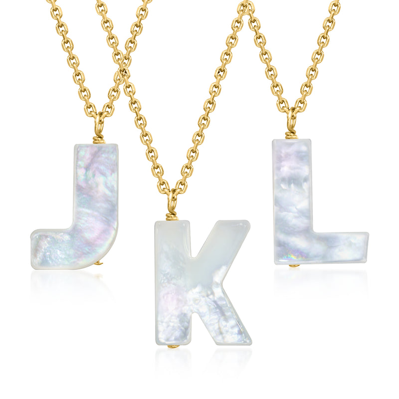 Mother-of-pearl initial necklace with gold letter pendants J, K, and L