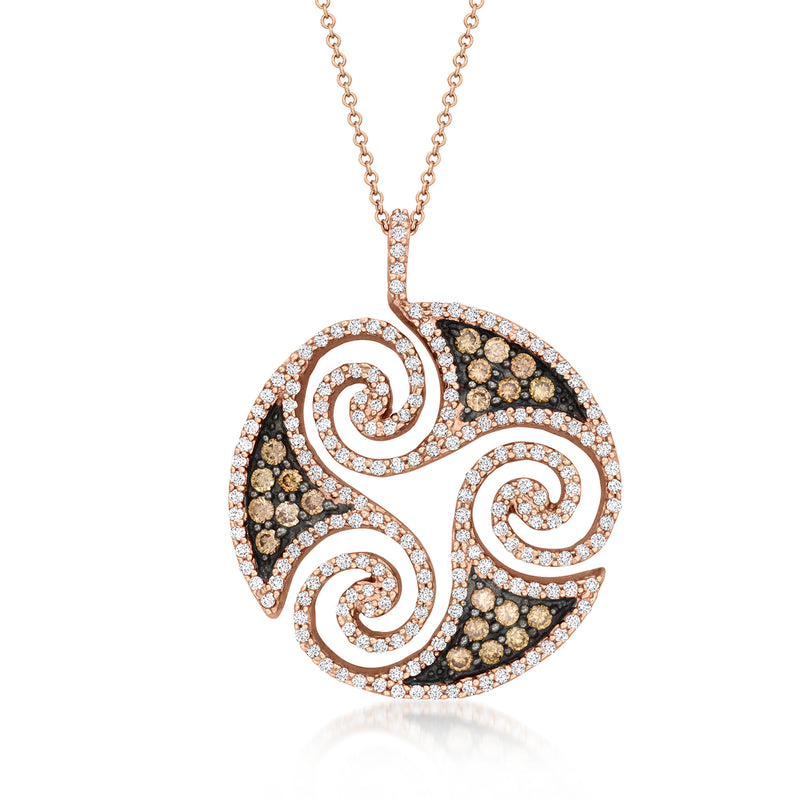 Rose gold swirl pendant necklace with brown/white diamond gemstones in circular frame